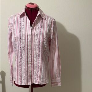 Ann Taylor Pink Striped Medium Shirt with ruffles Made in Hong Kong 100% cotton